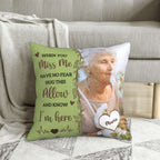 Personalized memorial pillow on sofa, warm home decor and comforting sympathy keepsake