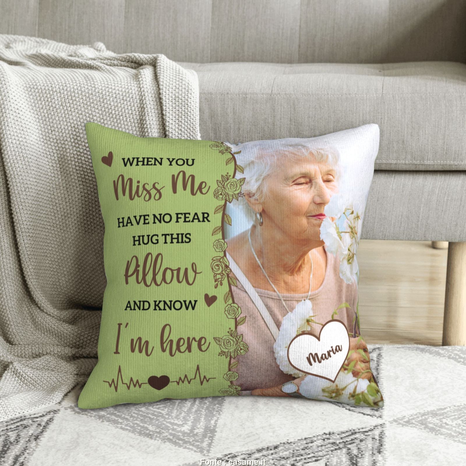 Personalized memorial pillow on sofa, warm home decor and comforting sympathy keepsake