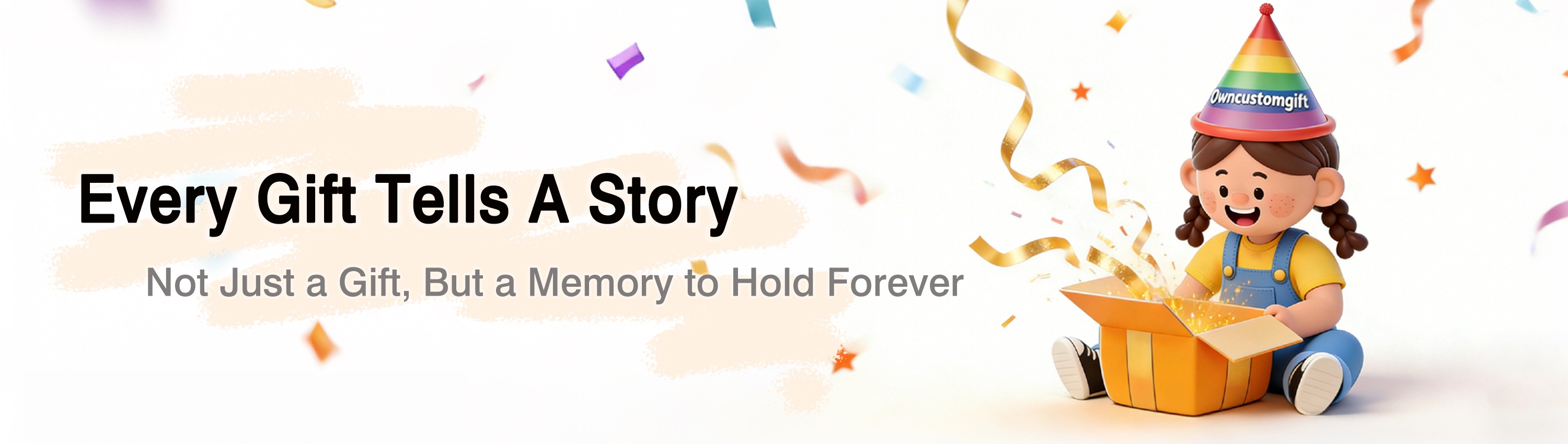 3D mascot opening gift with golden confetti and text ‘Every Gift Tells A Story’ 