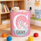 Personalized forest animal kids laundry hamper, custom name toy storage basket for nursery and bedroom