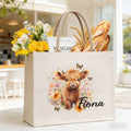 Personalized highland cow canvas tote bag with custom name, cute reusable daily bag for women