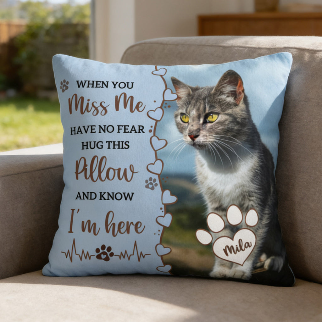 Personalized pet memorial throw pillow with photo and name, heartfelt sympathy gift for dog or cat loss