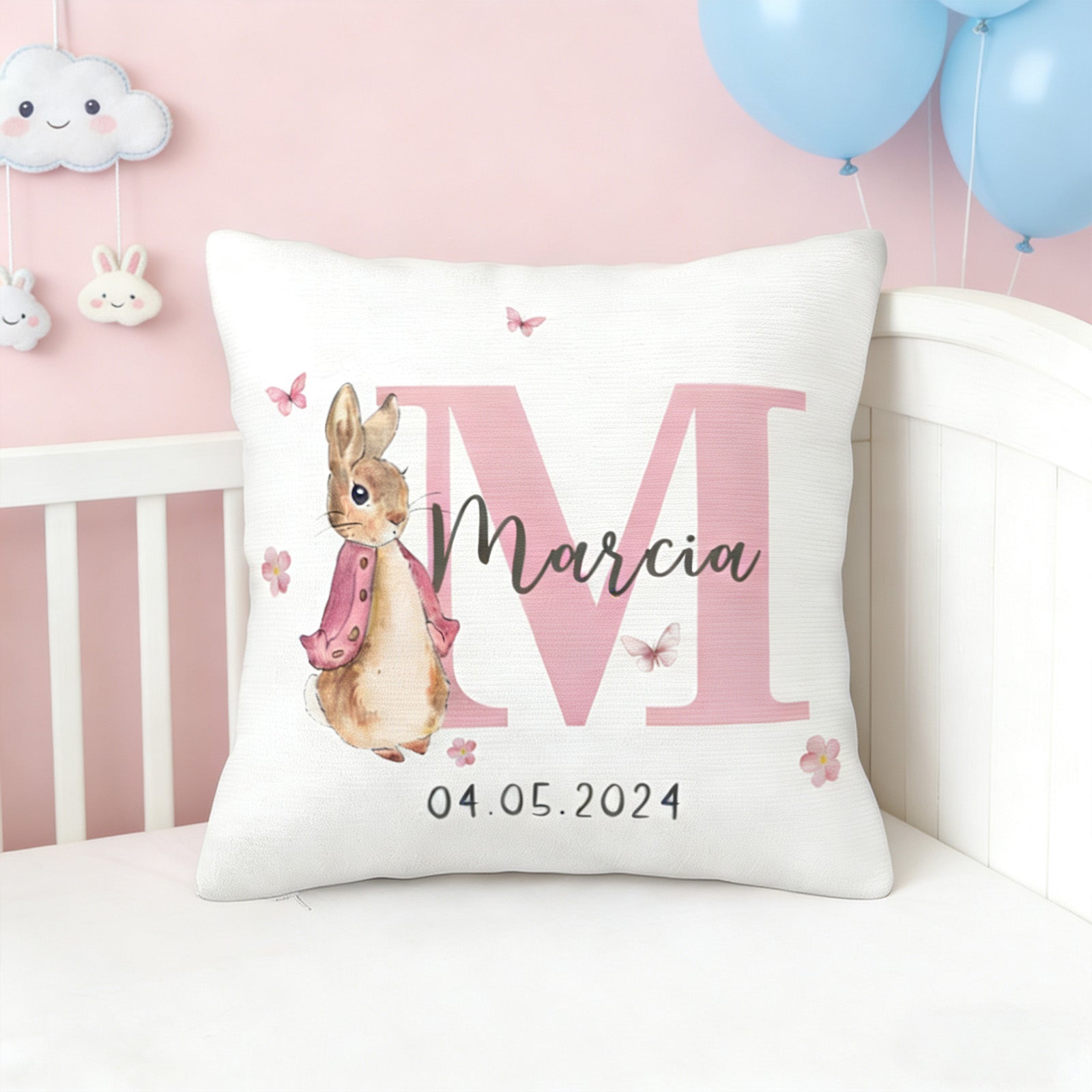 Custom Peter Rabbit pillow with personalized text, soft decorative cushion for baby room