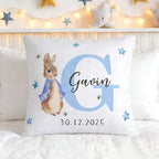Personalized Peter Rabbit Bunny Throw Pillow with custom name and date, double-sided nursery decor