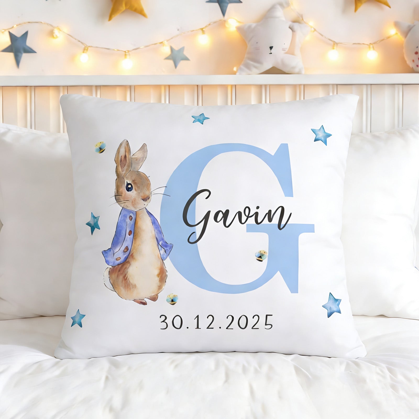 Personalized Peter Rabbit Bunny Throw Pillow with custom name and date, double-sided nursery decor