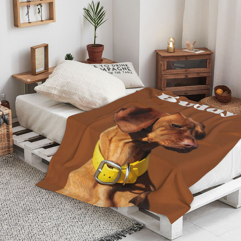 Custom photo blanket with pet portrait and name on bed, cozy bedroom decor for pet lovers