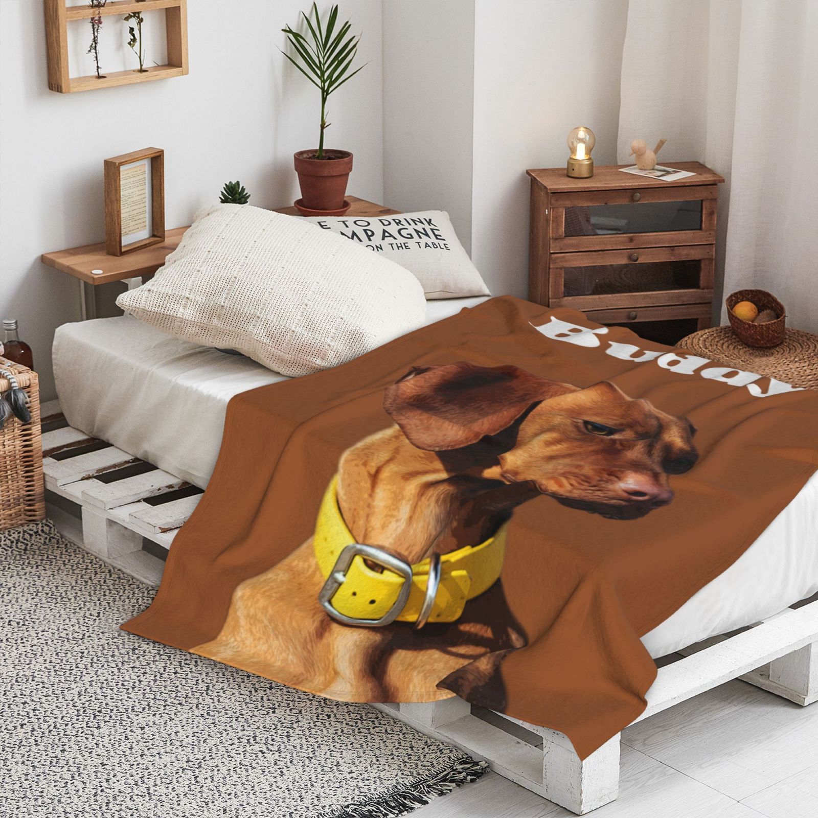 Custom photo blanket with pet portrait and name on bed, cozy bedroom decor for pet lovers