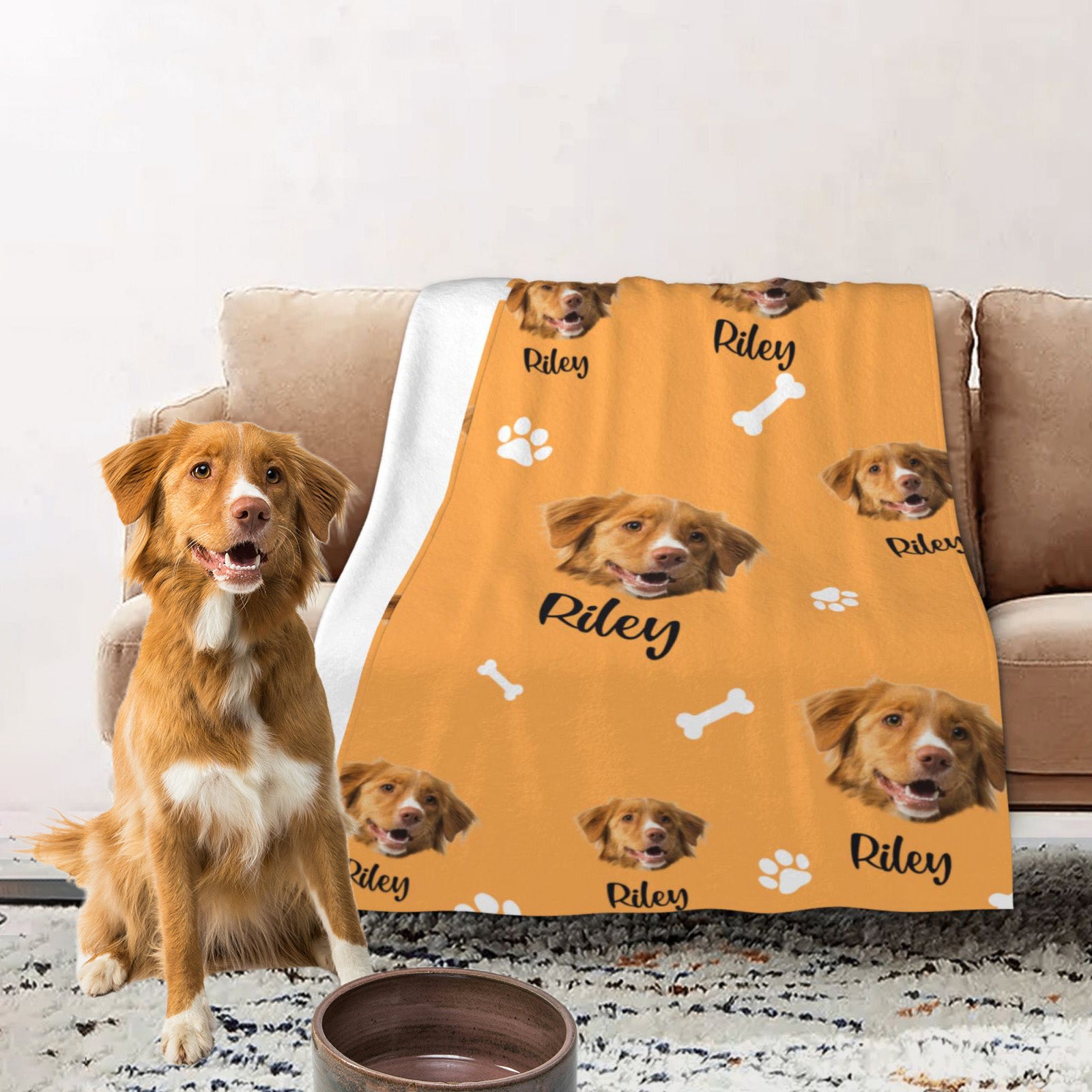 Custom pet photo blanket on couch to match your pet, thoughtful gift for pet owners