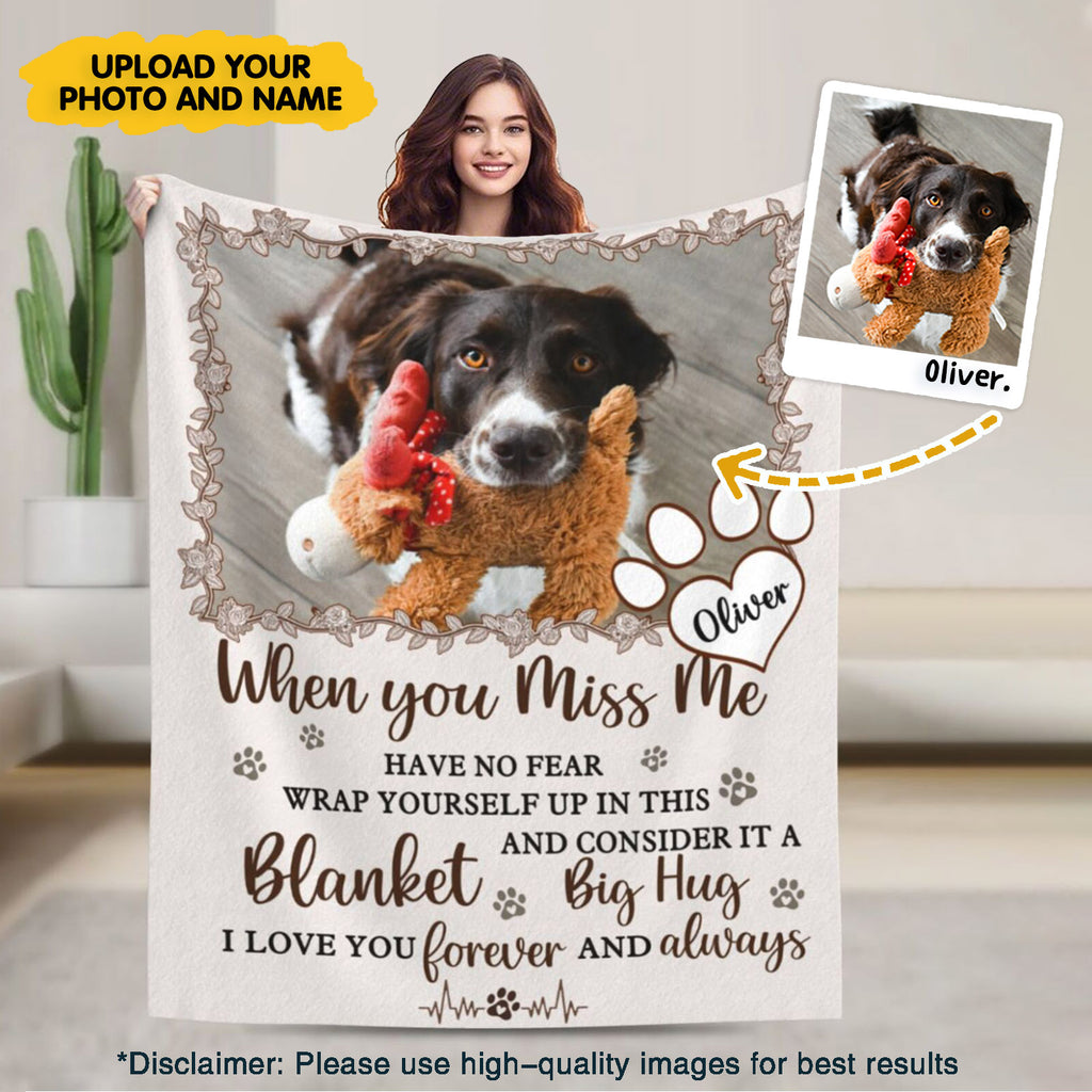 Custom pet memorial blanket using your uploaded pet photo and name, heartfelt remembrance keepsake