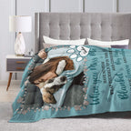 Pet memorial photo blanket on bed, cozy sympathy gift for grieving pet owners