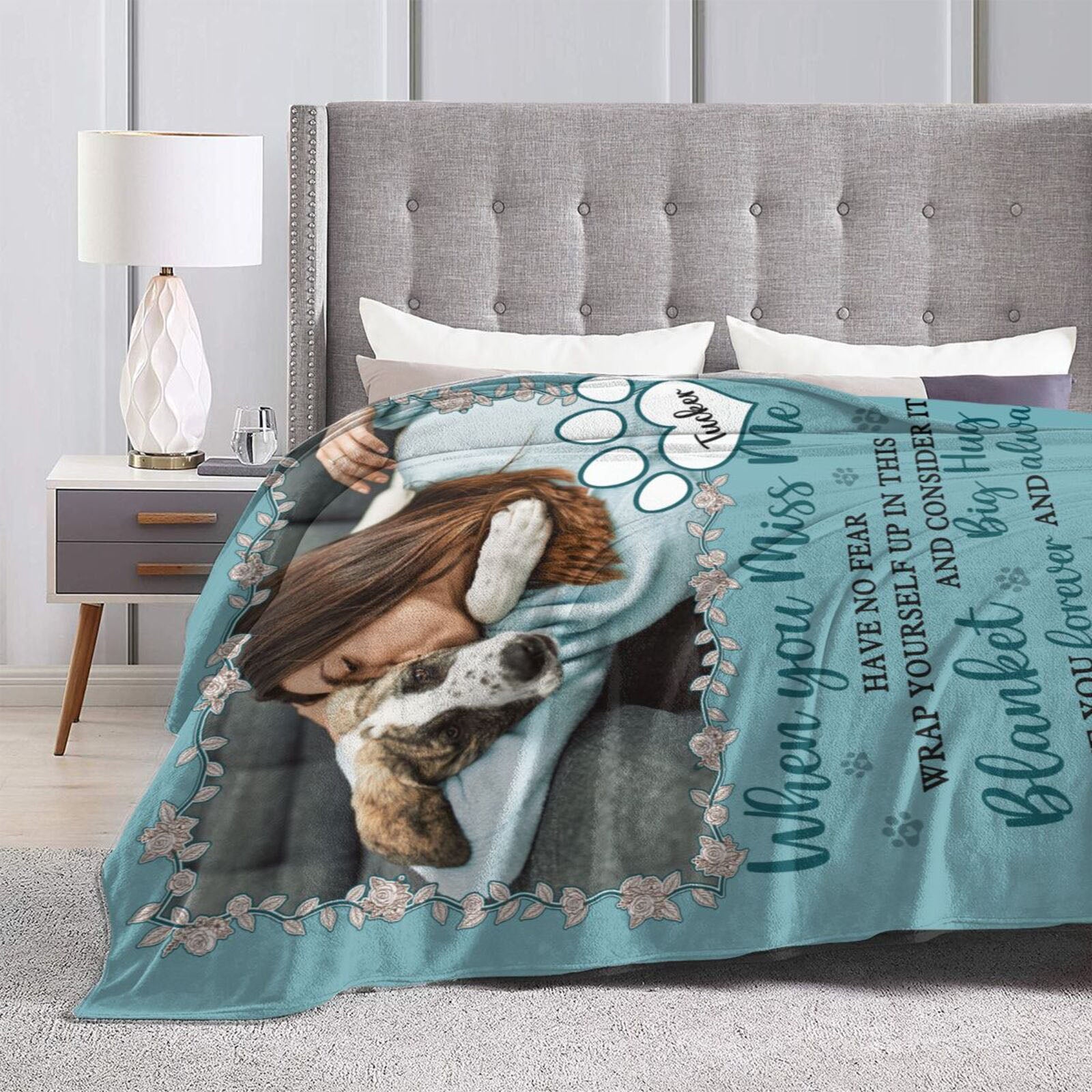 Pet memorial photo blanket on bed, cozy sympathy gift for grieving pet owners
