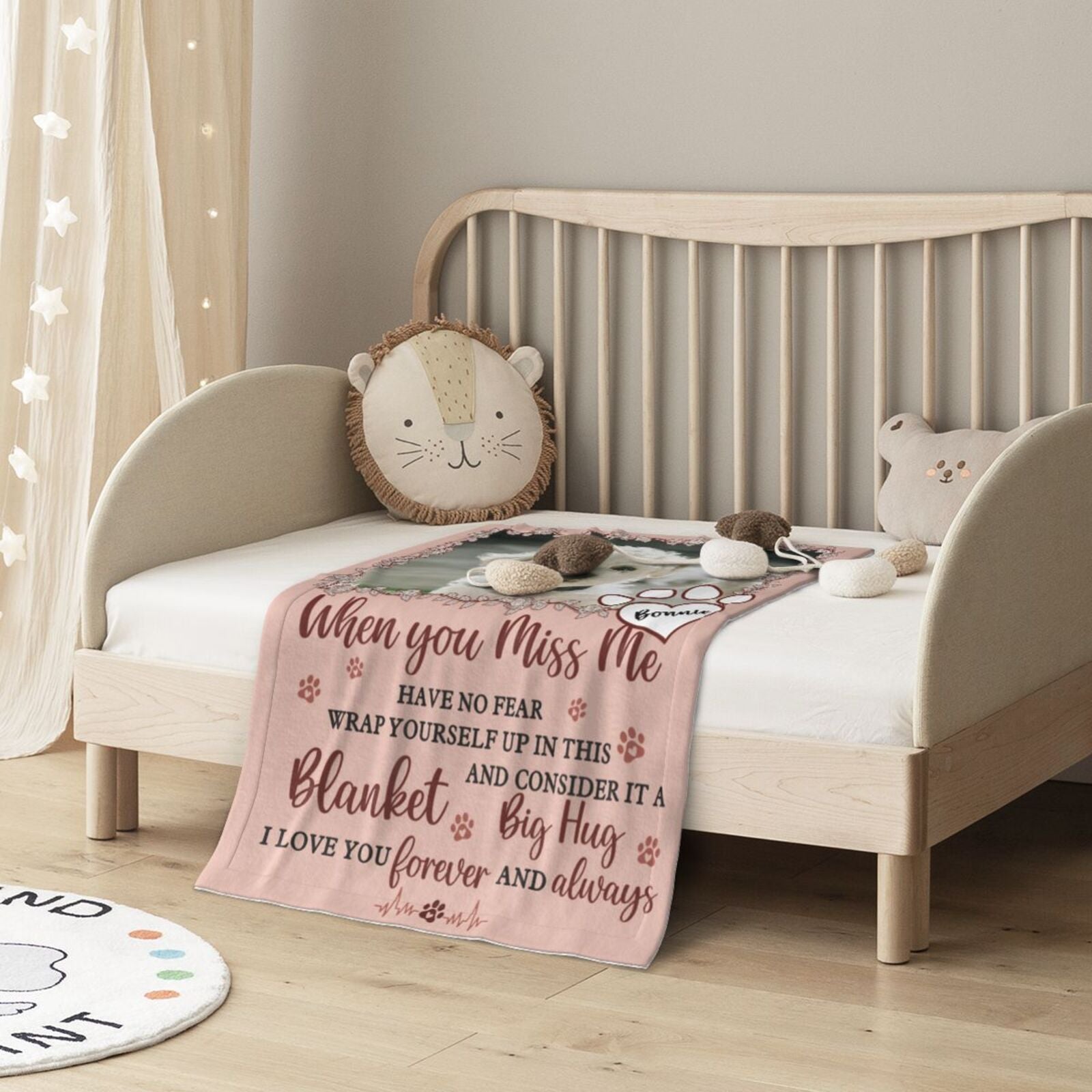 Pet memorial blanket displayed on toddler bed, soft and heartfelt keepsake for loving memory and comfort
