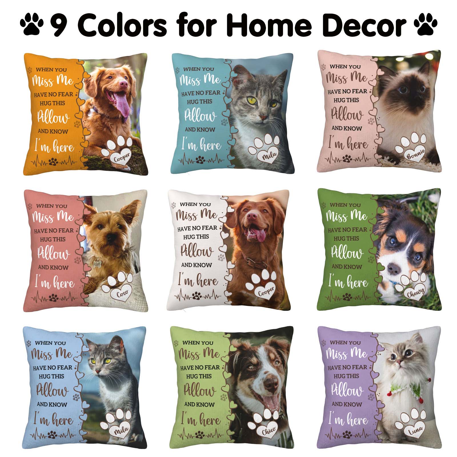 9 color options for custom pet memorial pillow, versatile for home decor and pet sympathy gifts