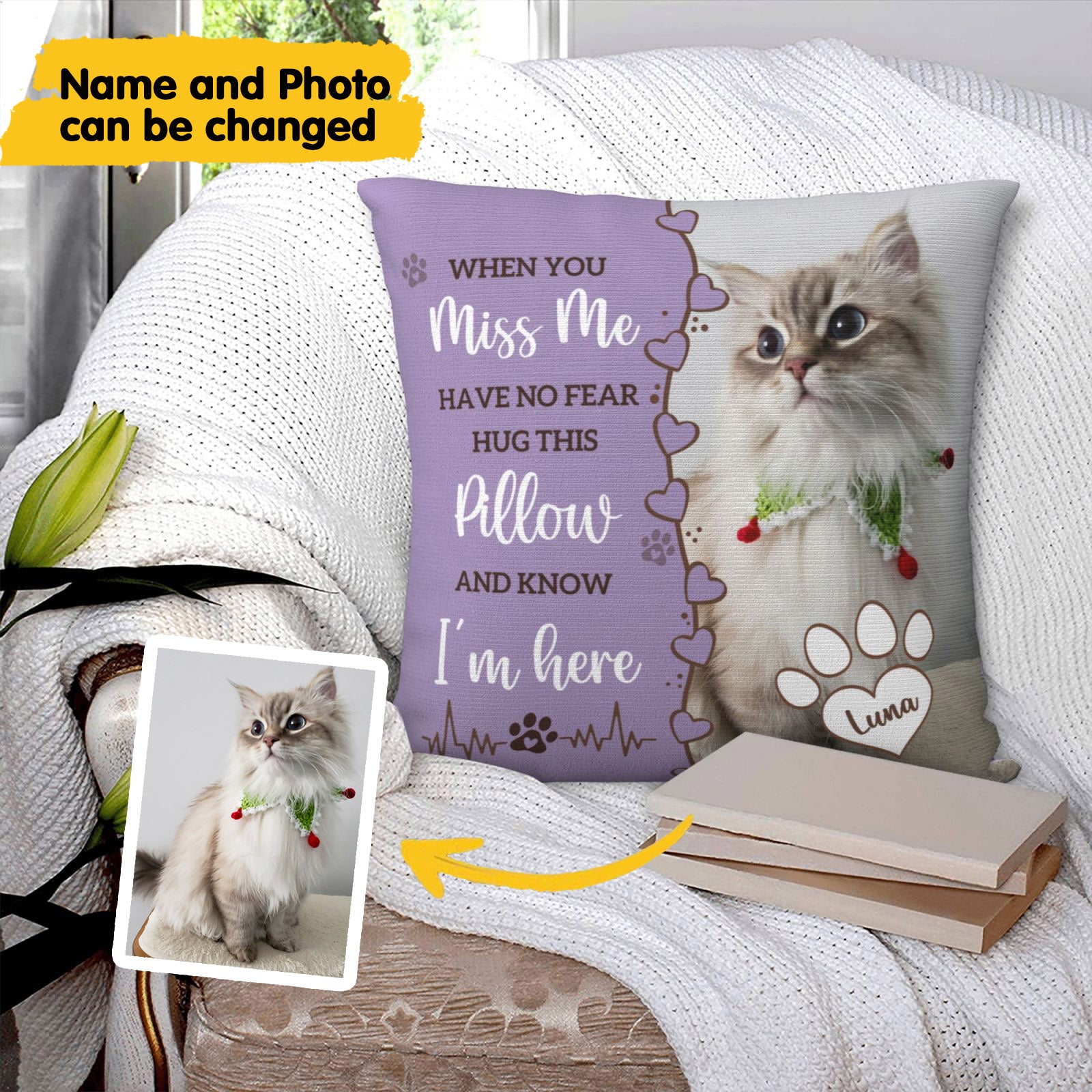 Pet memorial pillow with personalized photo and name, keepsake to cherish beloved furry friend memories