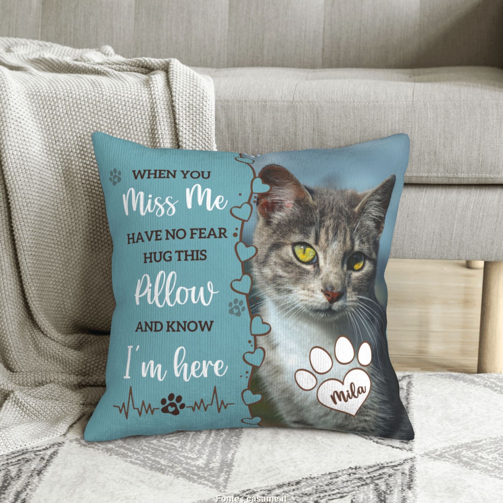 Pet memorial throw pillow displayed in living room, warm and meaningful home decor for pet remembrance