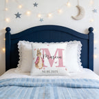 Complete custom design of Peter Rabbit bunny pillow with name and date, unique keepsake for children
