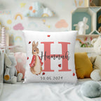 Personalized Peter Rabbit pillow in baby nursery, lovely decor for crib and bedroom