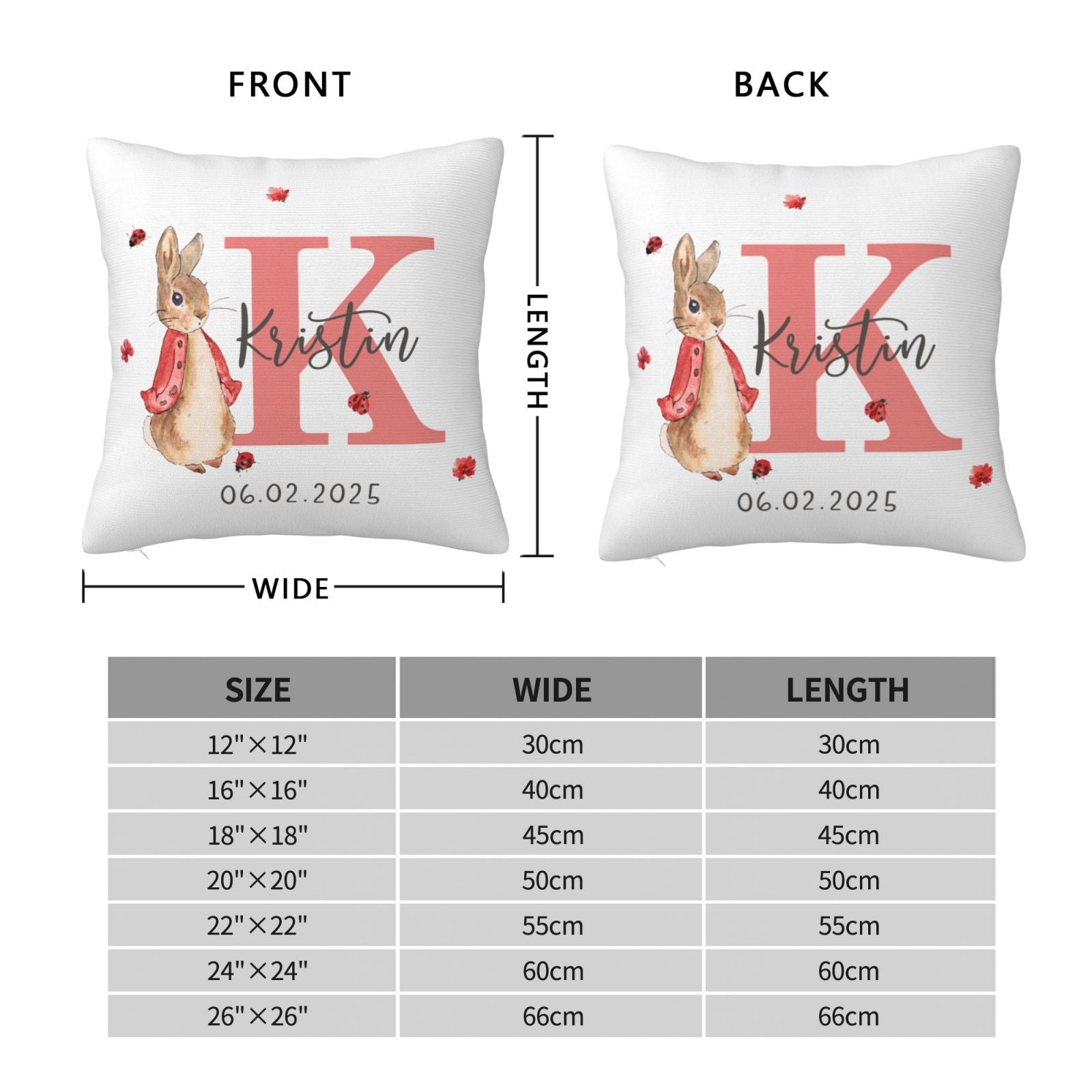 Size chart for custom Peter Rabbit pillow, available in multiple sizes for nursery use
