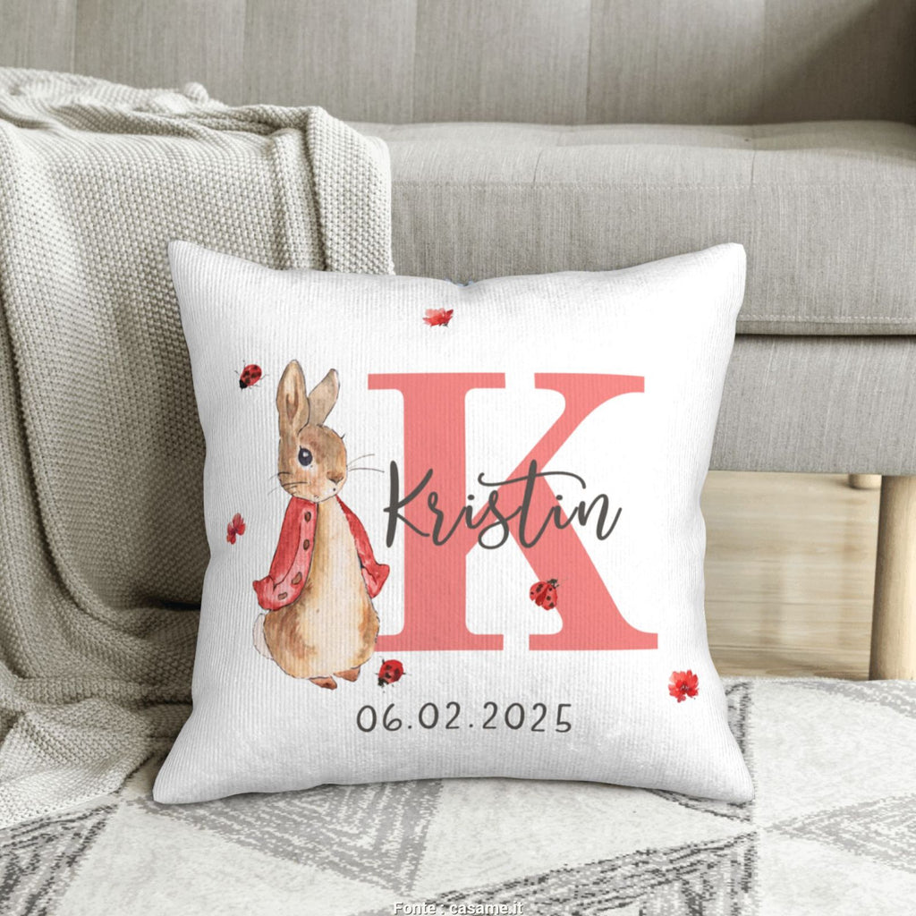 Soft and gentle fabric of personalized Peter Rabbit pillow, comfortable for baby and kids