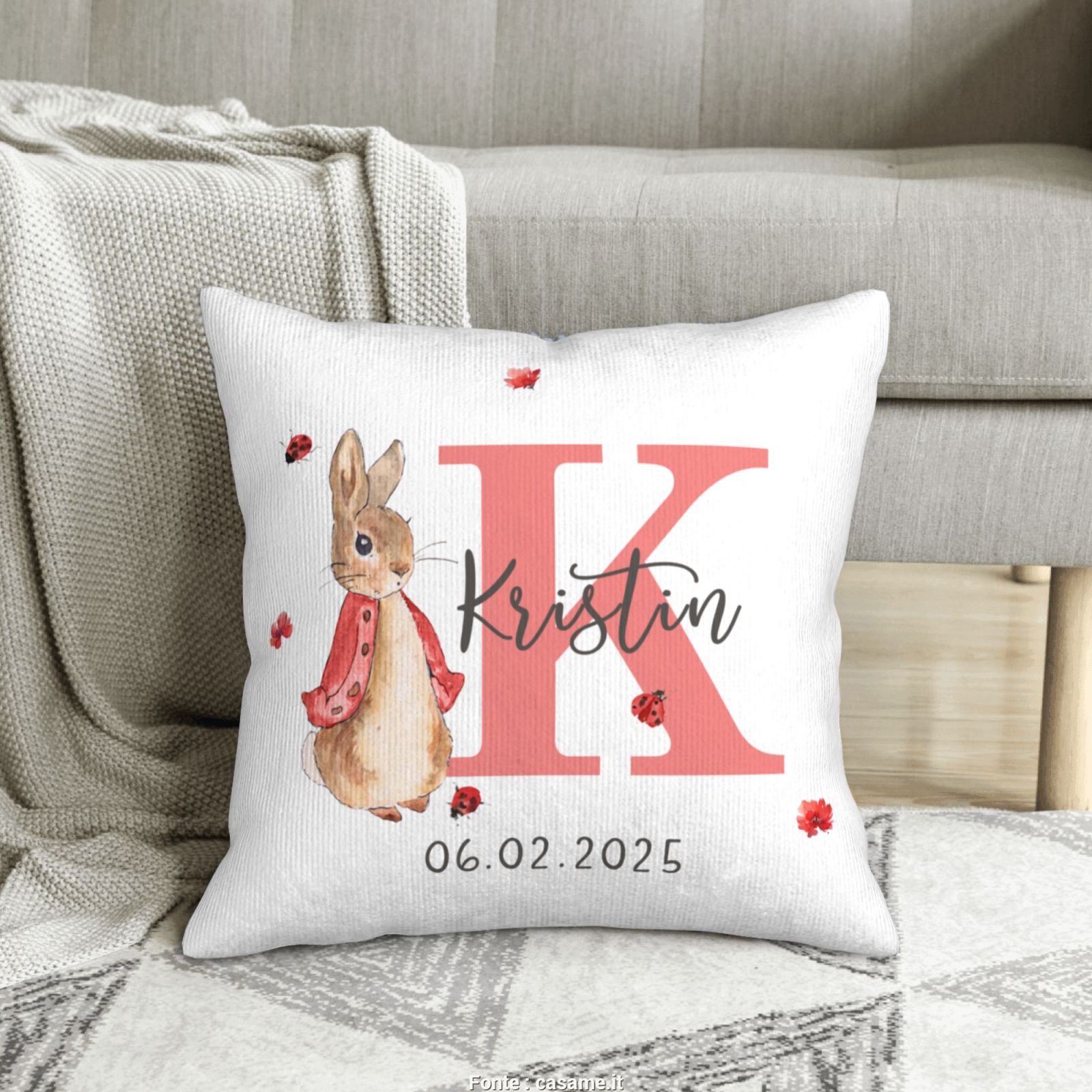 Soft and gentle fabric of personalized Peter Rabbit pillow, comfortable for baby and kids