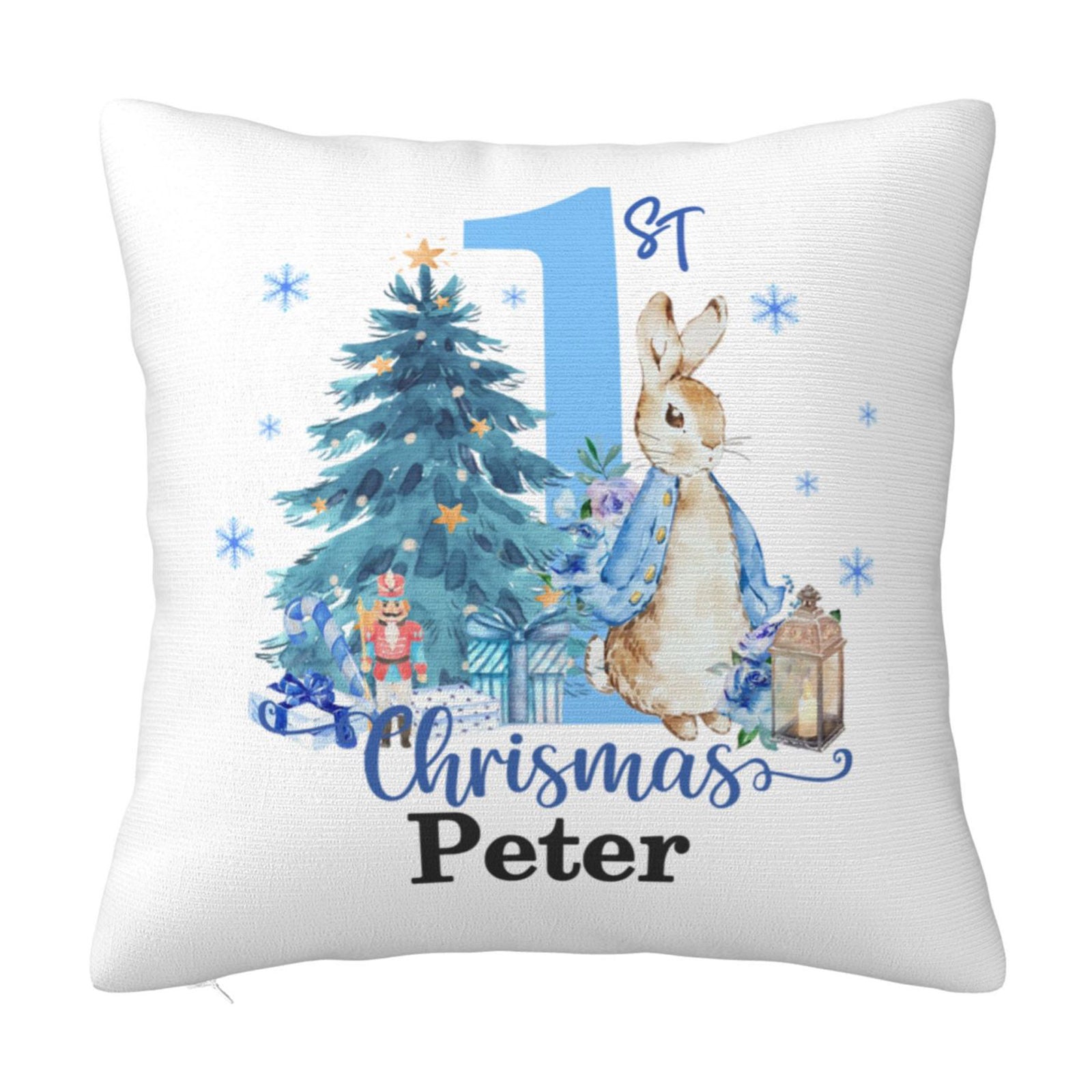 Personalized Peter Rabbit first Christmas throw pillow, custom name nursery decor keepsake