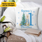 Custom Peter Rabbit pillow with personalized name and date, unique first Christmas gift for baby