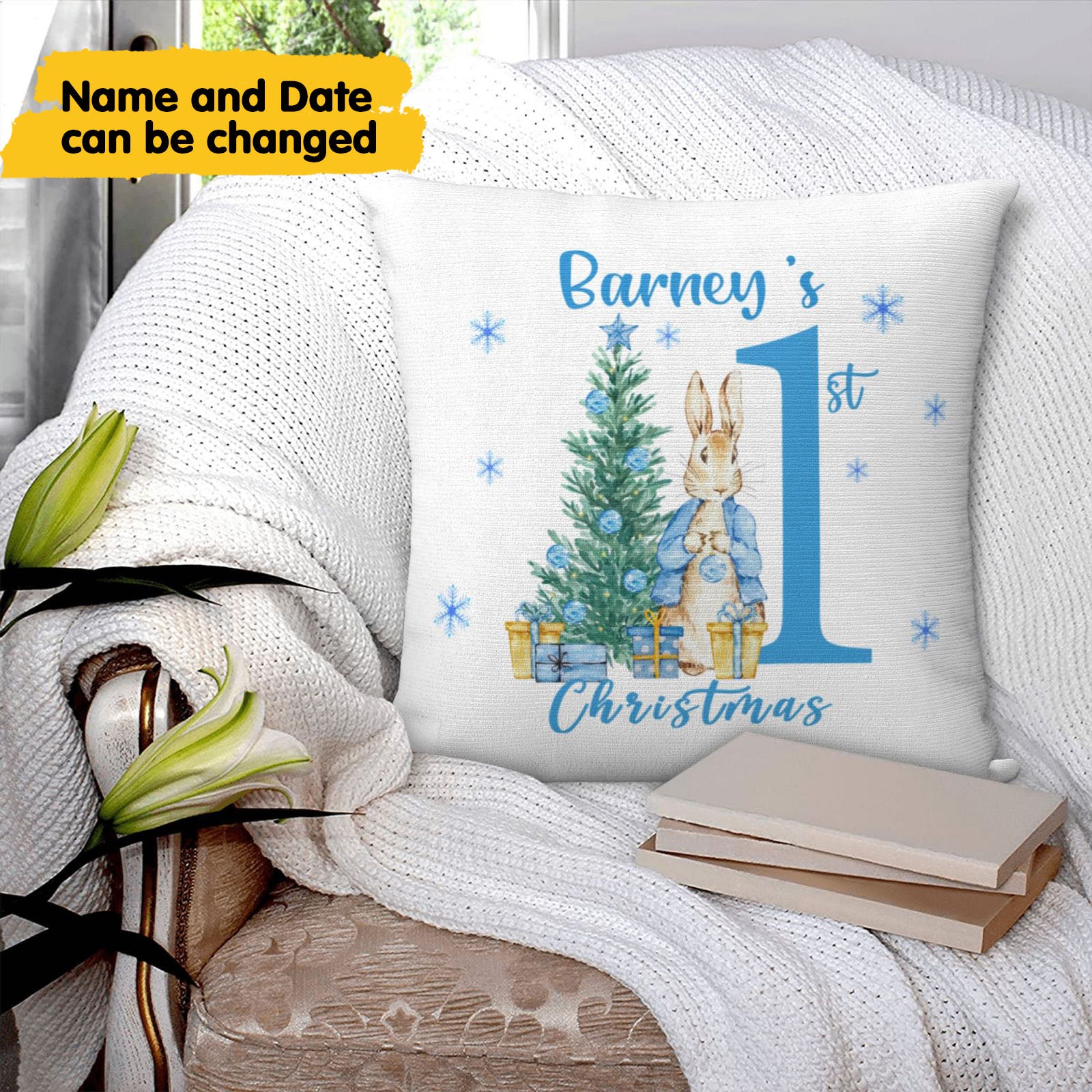Custom Peter Rabbit pillow with personalized name and date, unique first Christmas gift for baby