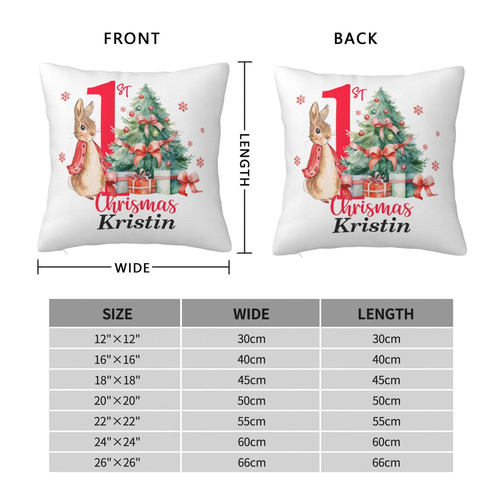 Double-sided printed Peter Rabbit pillow with size chart, multiple sizes available for nursery and home decor
