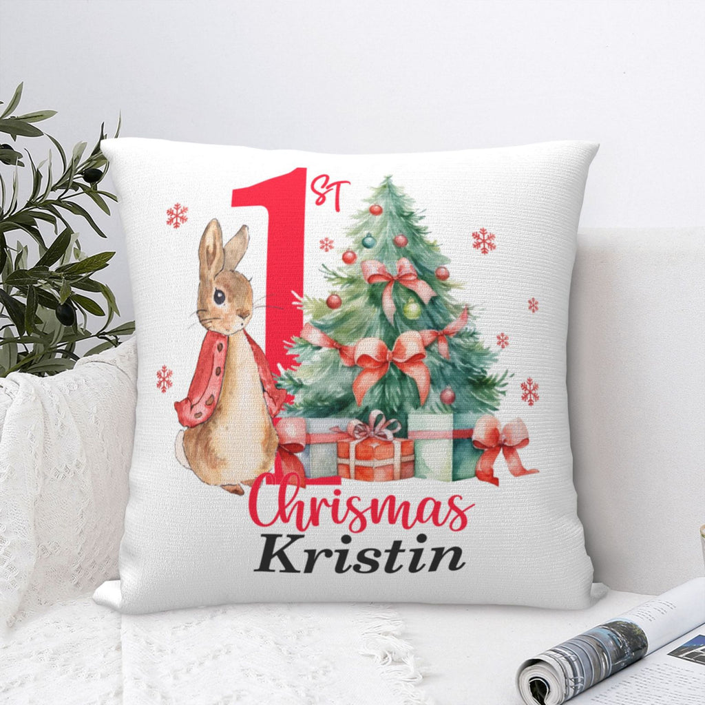 Custom Peter Rabbit pillow on sofa, lovely home accent and first Christmas gift idea