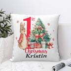 Custom Peter Rabbit pillow on sofa, lovely home accent and first Christmas gift idea