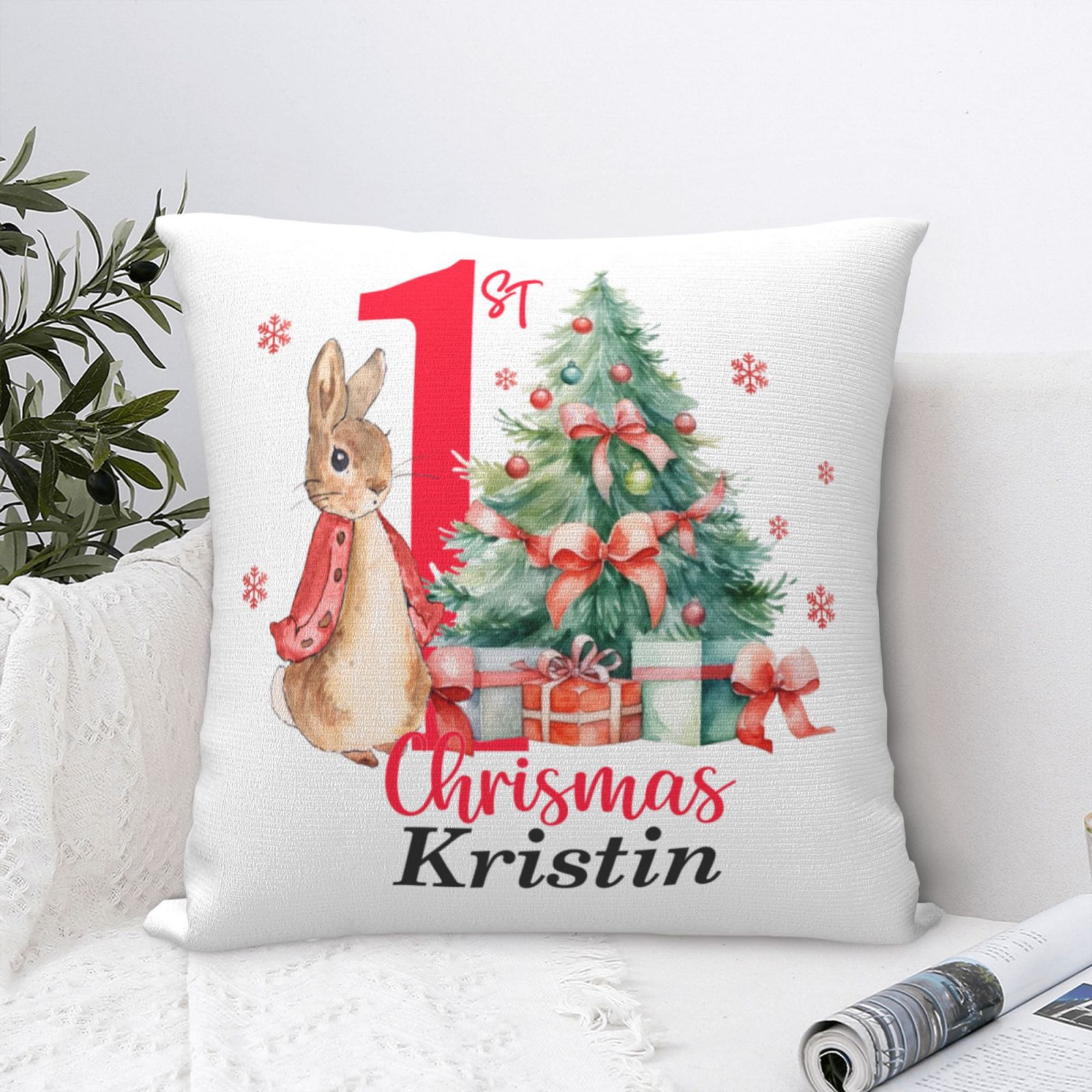 Custom Peter Rabbit pillow on sofa, lovely home accent and first Christmas gift idea