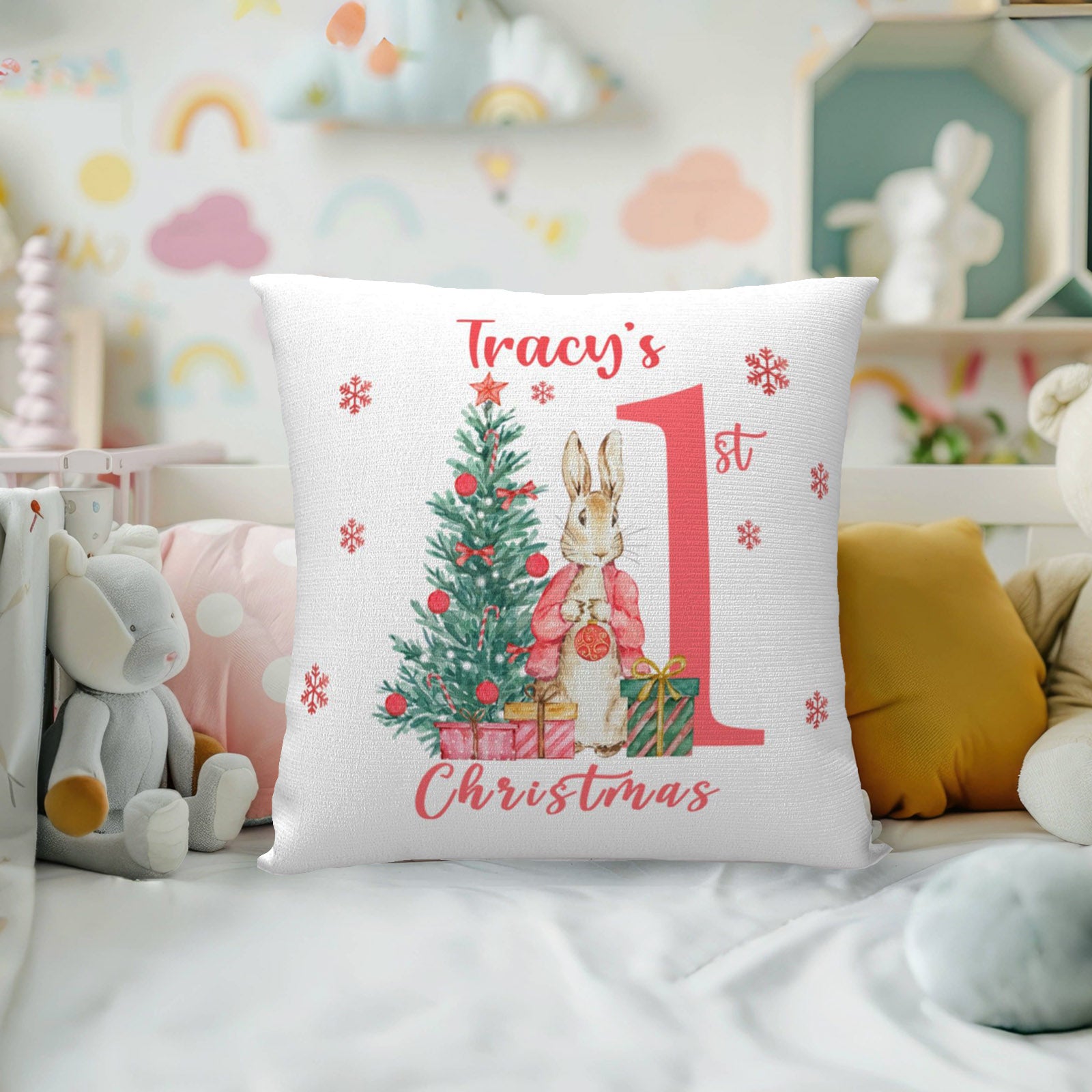 Peter Rabbit first Christmas pillow in baby nursery, sweet festive decor for little ones