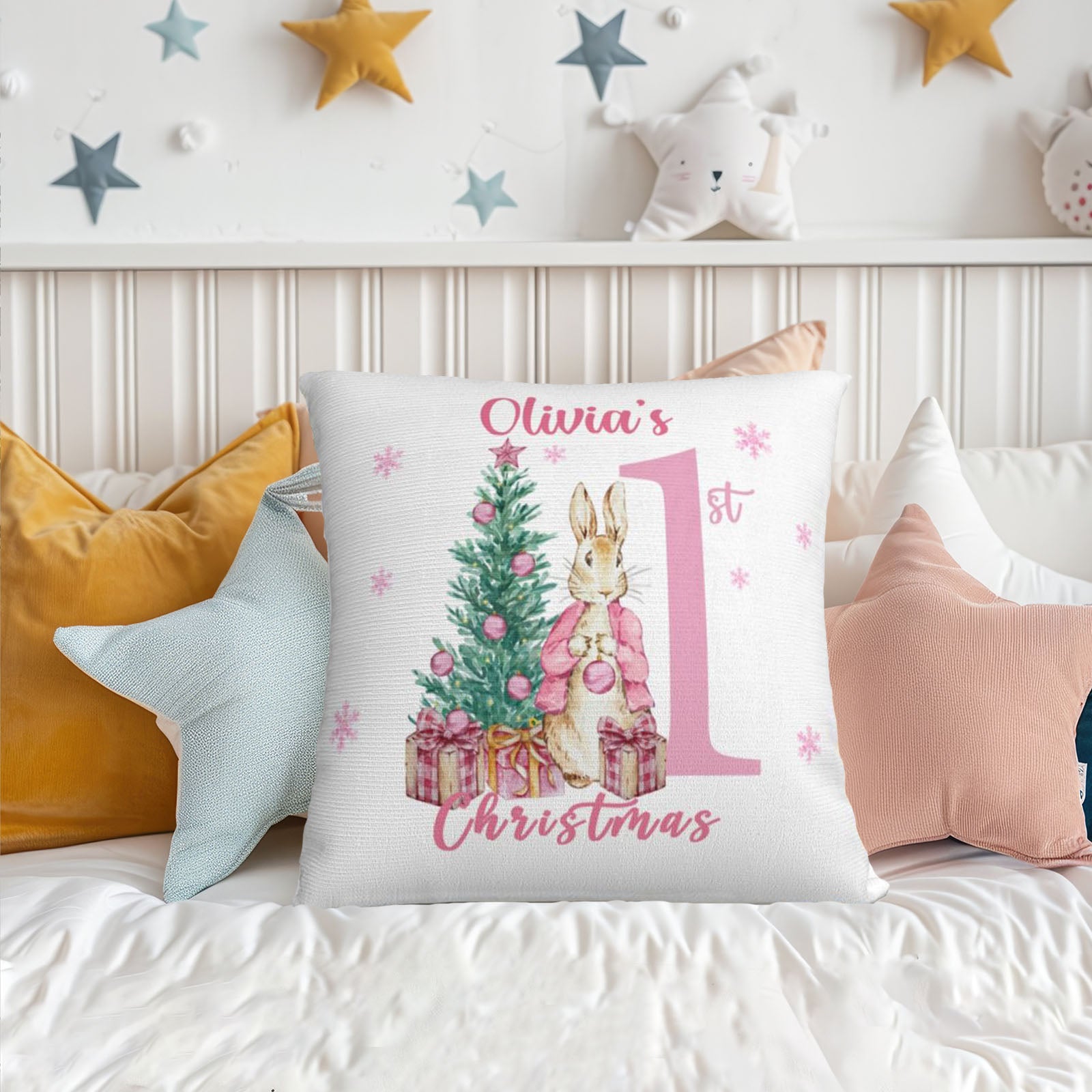 Personalized Peter Rabbit pillow on toddler bed, cozy and cute holiday keepsake