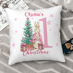 Pink style personalized Peter Rabbit first Christmas pillow, cute festive keepsake for baby nursery